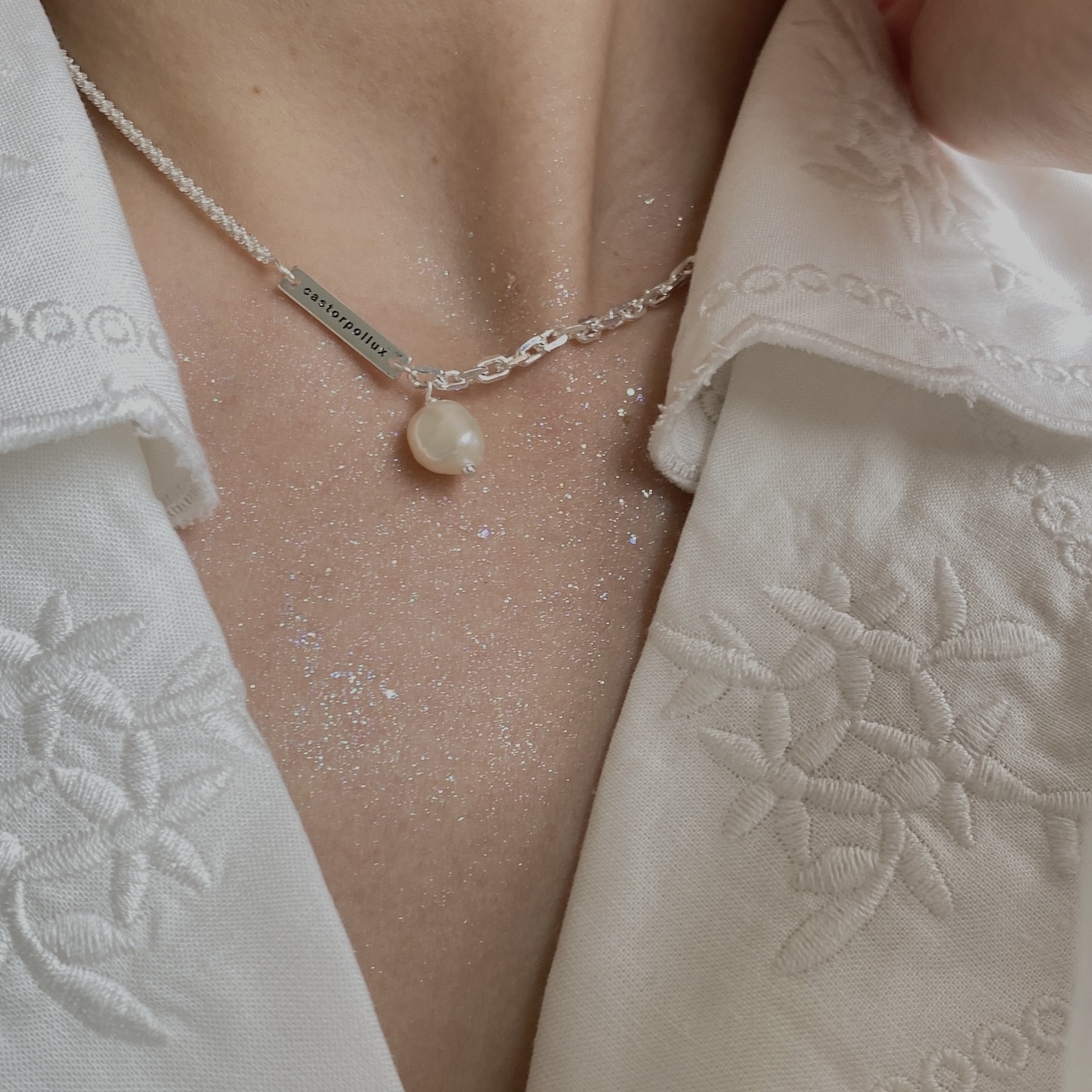 美汝仙 韩国款珍珠满天星不对称链条项链纯银短款冷淡风轻奢高级