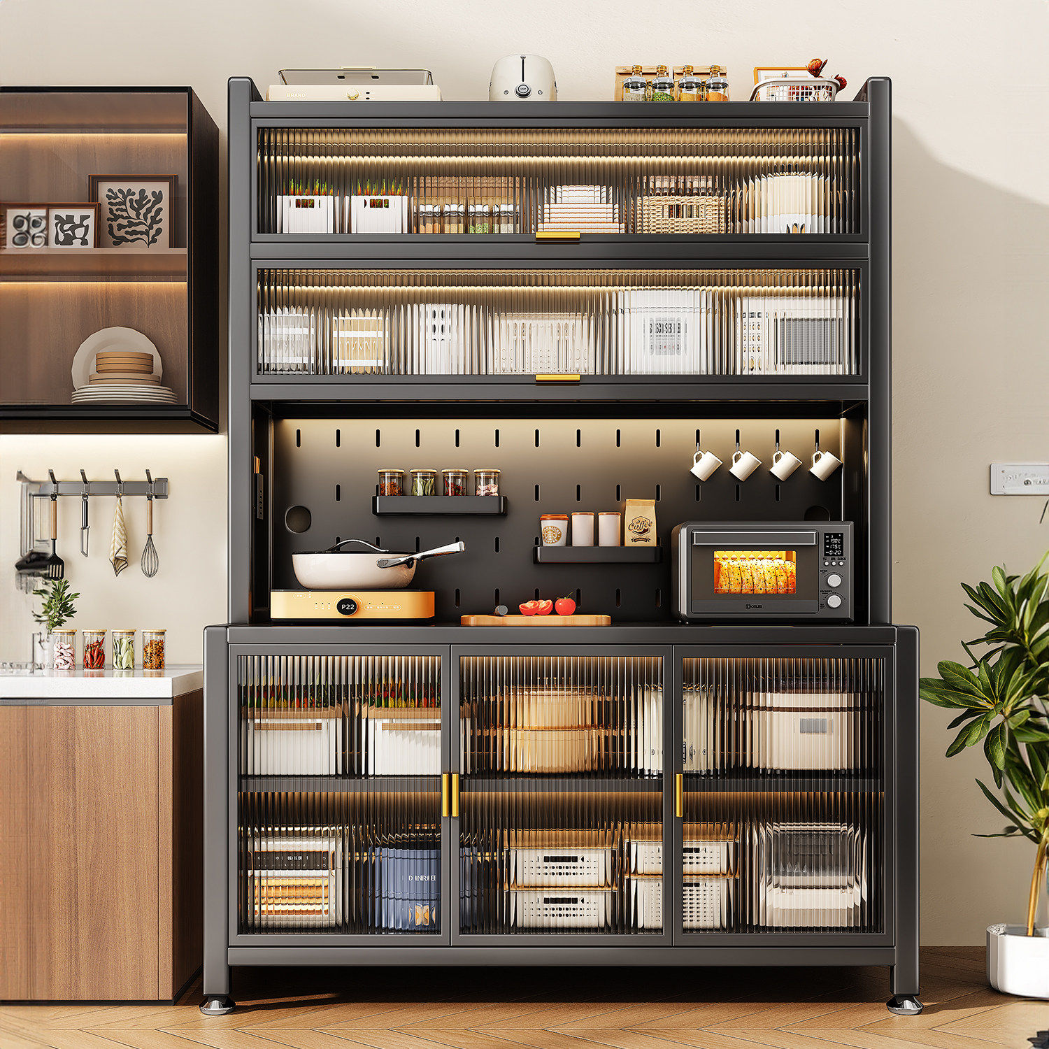 厨房置物架家用落地多层岩板储物柜多功能靠墙一体餐边收纳碗橱柜,厨房/烹饪用具,微波炉置物架,淘宝优惠券,粉丝福利购,淘宝优惠卷