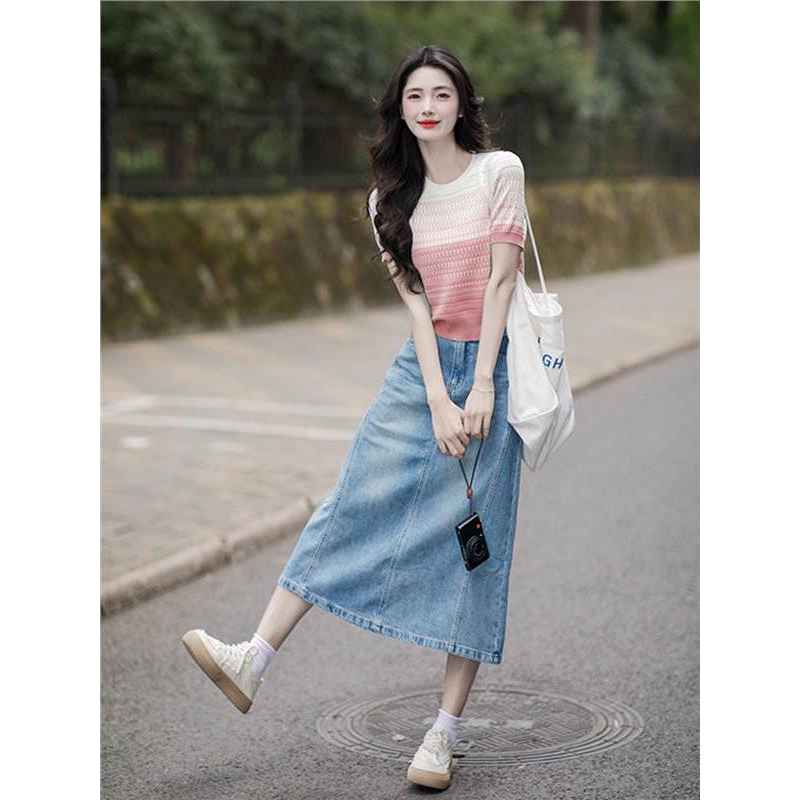 渐变短袖针织衫女2025年夏季新款宽松设计感圆领短上衣