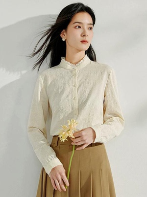 法式纯棉花边立领衬衫女2025年春季新款通勤内搭气质提花衬衣