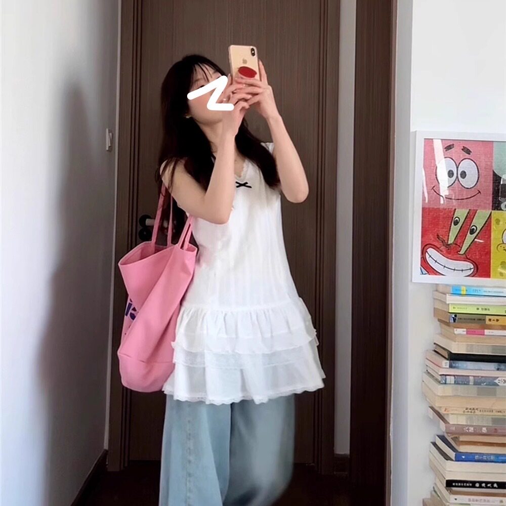 白色V领背心连衣裙子女装新款夏季无袖叠穿蕾丝边下摆蛋糕裙