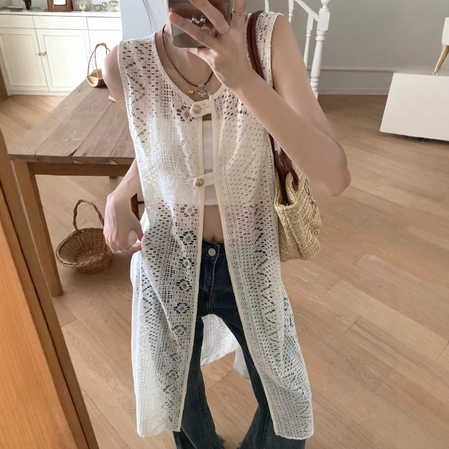 蕾丝背心连衣裙女夏季设计感小众镂空外搭罩衫时尚显瘦长裙子