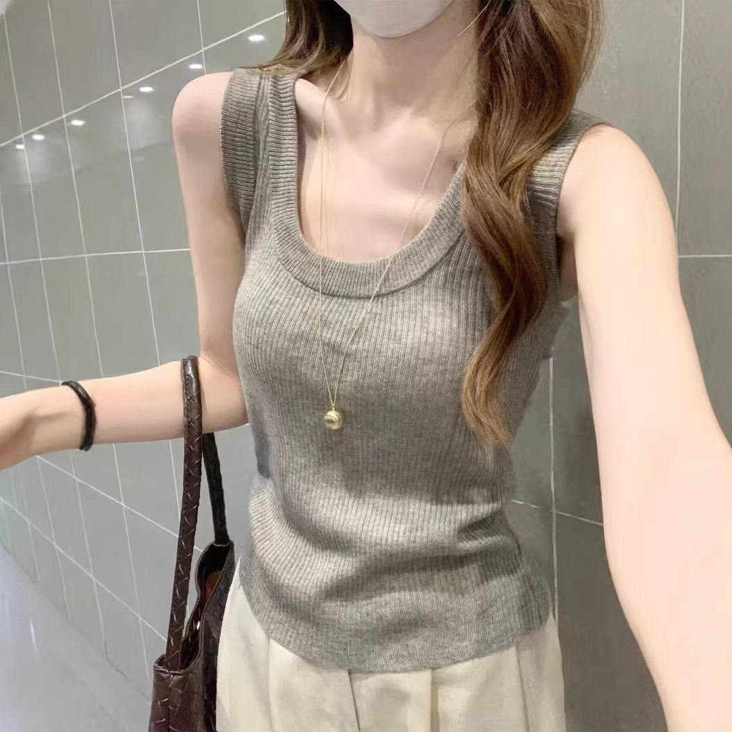 韩系针织U领小吊带背心女秋季修身百搭遮副乳打底无袖上衣可外穿