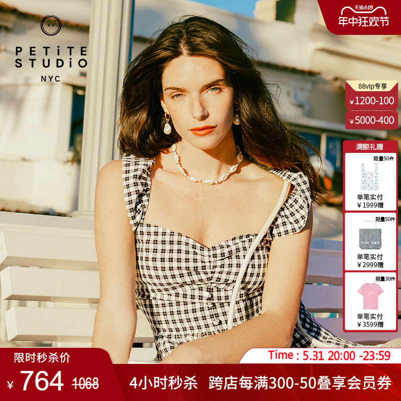 【现货】Petite Studio Lettie黑白格纹法式田园小飞袖连衣裙-封面