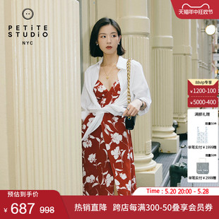 Petite Studio夏Carly法式 王菊同款 小红裙红色碎花吊带连衣裙