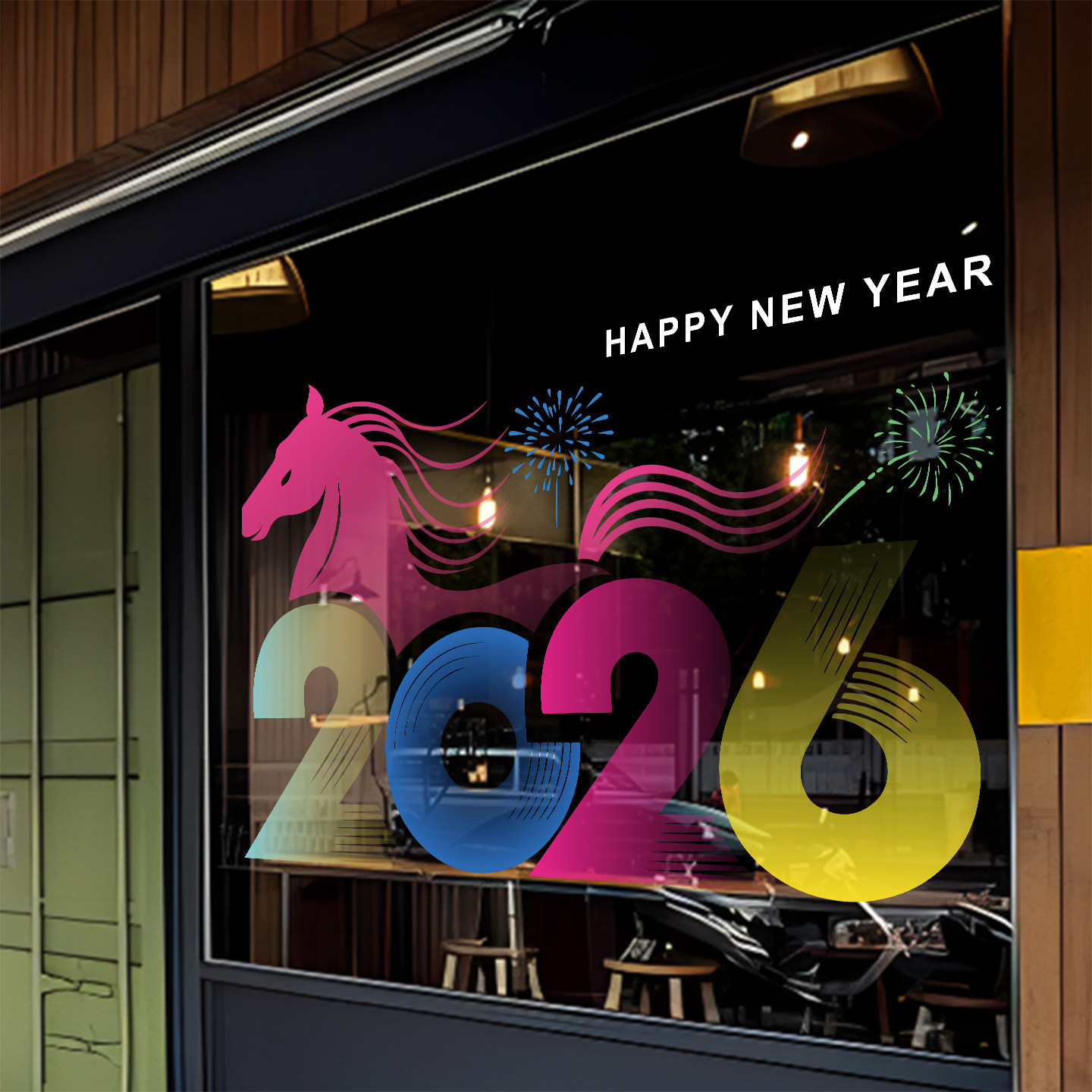 2026马年彩色渐变创意新春玻璃贴纸女装珠宝酒店餐厅节日布置静电