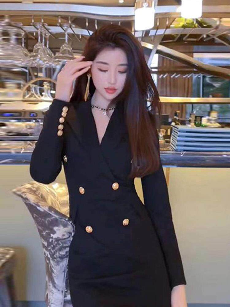流黑色同款月倪妮朱双排扣金西装外套气质岁连衣裙女显瘦锁锁秋冬