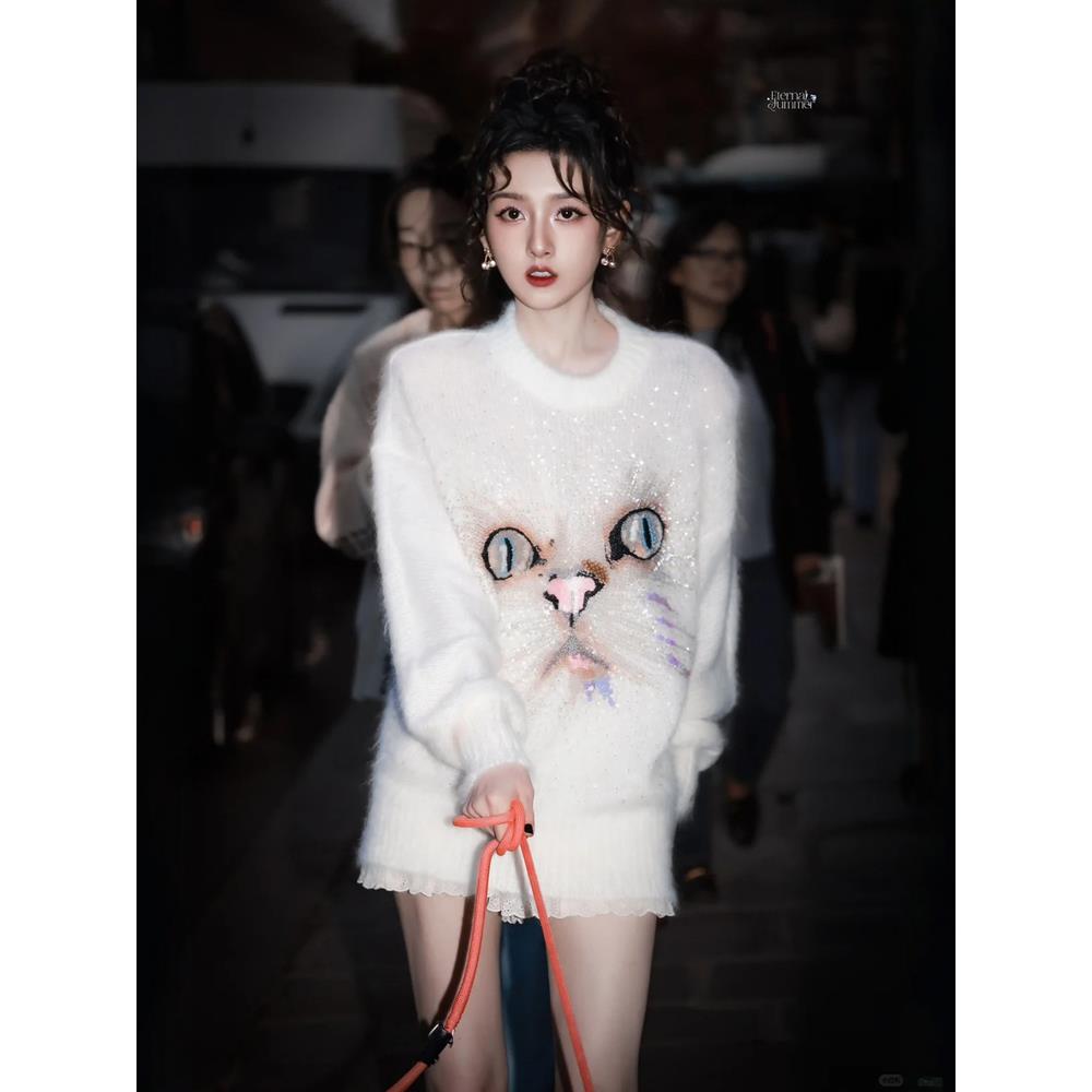 宋祖儿同款软糯刺绣猫咪毛衣女