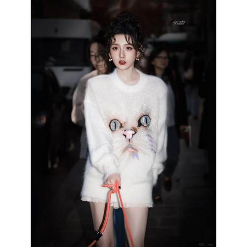 宋祖儿同款软糯刺绣猫咪毛衣女
