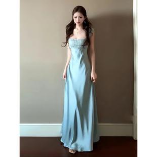 清冷富家千金感穿搭蓝色重工缎面连衣裙气质名媛高级感宴会礼服裙