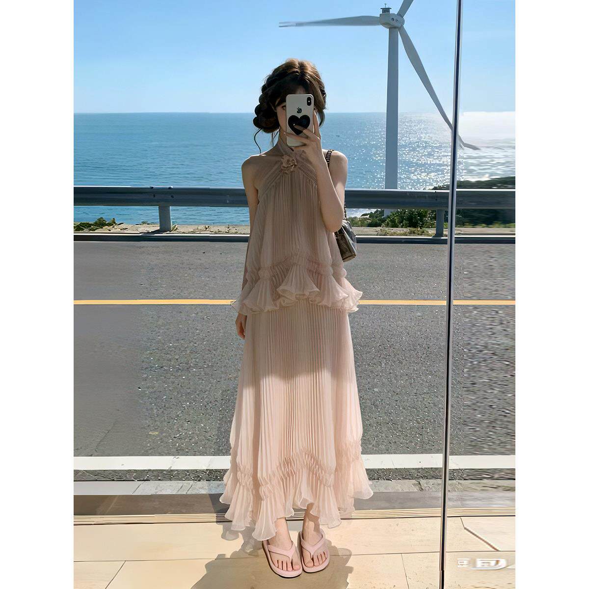 从一【拂仙】法式浪漫露背挂脖连衣裙搭仙气披肩夏季海边度假