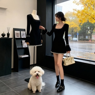 千金风修身 针织连衣裙女2025秋冬季 A字短裙 修身 气质钉珠黑色长袖
