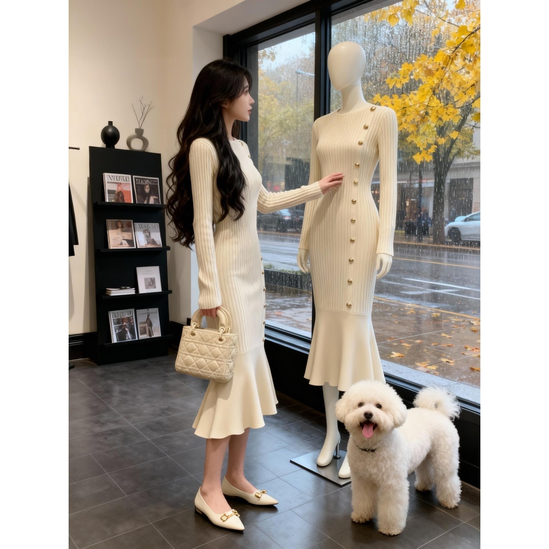 法式掐腰白色针织连衣裙