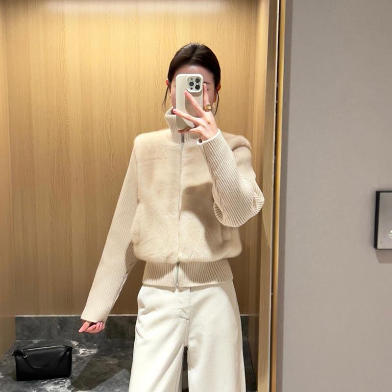 高领短款毛毛针织拼接外套