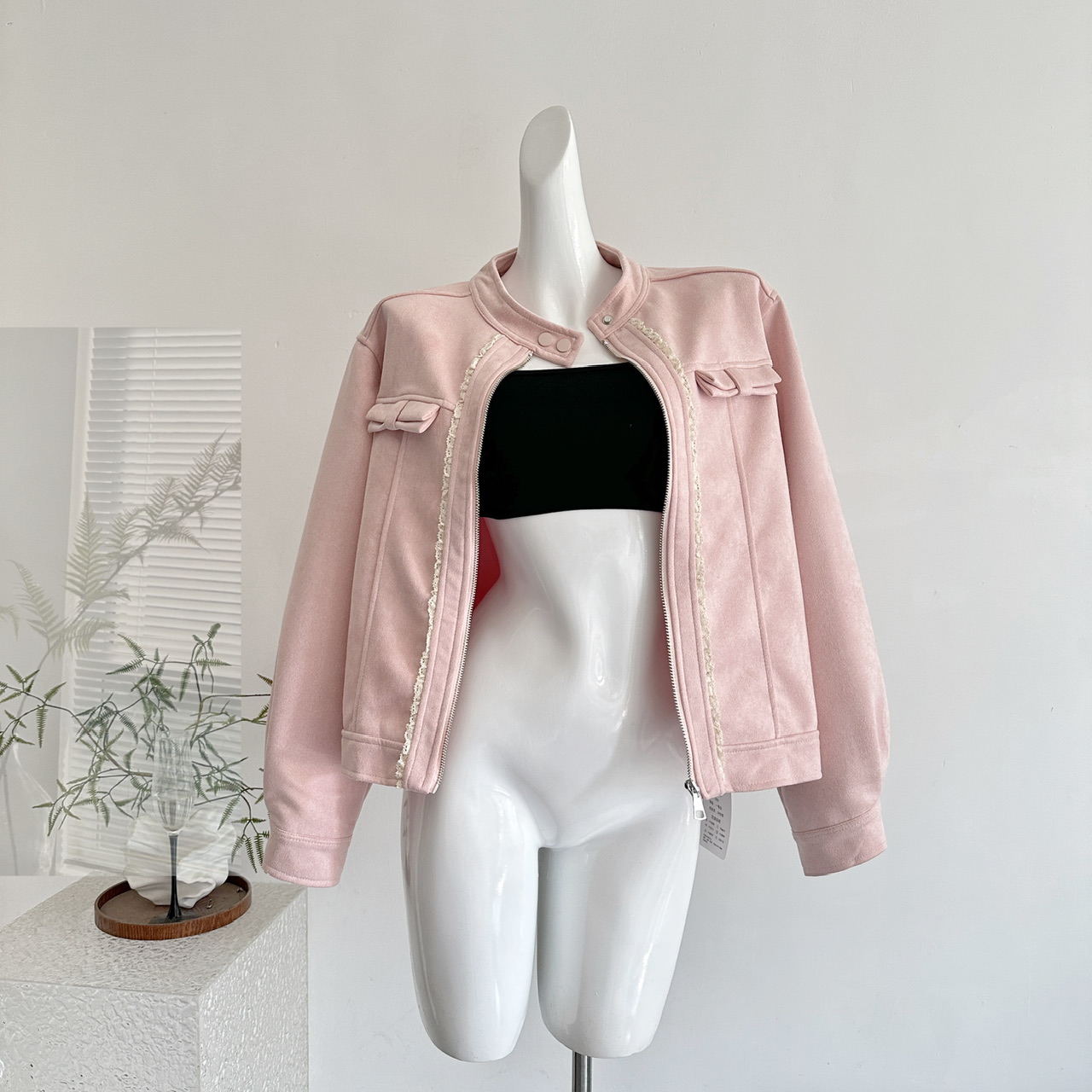美式复古粉色麂皮绒棒球服外套