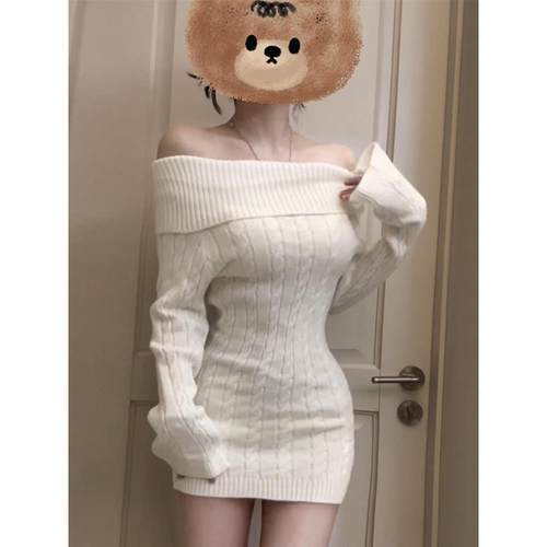 一字肩白色针织连衣裙女早春季