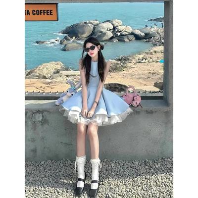 法式赫本风网纱拼接无袖连衣裙