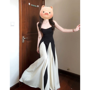 春夏设计感小众长裙 黑白拼接吊带连衣裙女2025新款 浮雕山茶