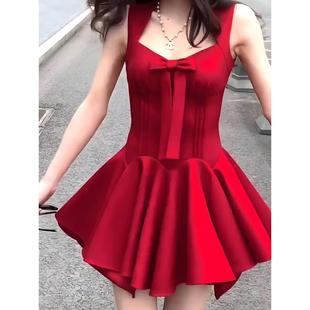 玫瑰人生 收腰连衣裙贝微微红裙 四米裙摆公主裙蝴蝶结千金感无袖