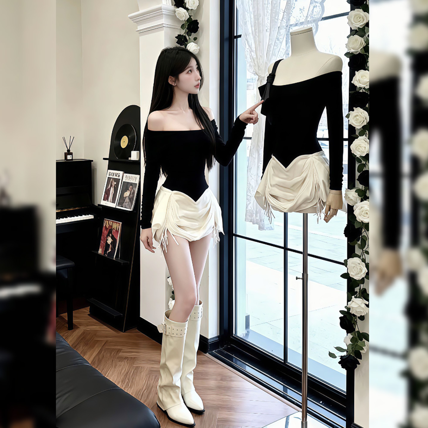 黑色一字肩纯欲风短款连衣裙