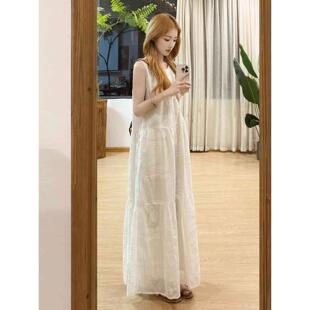 韩系温柔风白色镂空无袖 背心连衣裙绝美巨好看宽松减龄气质长裙夏