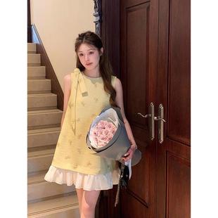 连衣裙女夏季 小香风蝴蝶结飘带黄色无袖 撞色拼接宽松显瘦气质短裙