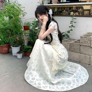 新中式 国风蓝色碎花改良旗袍连衣裙漂亮独特蕾丝拼接收腰气质长裙