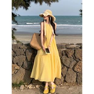 女装 宽松遮肚子显瘦高级感度假风黄色格子背心连衣裙 夏季 裙子法式