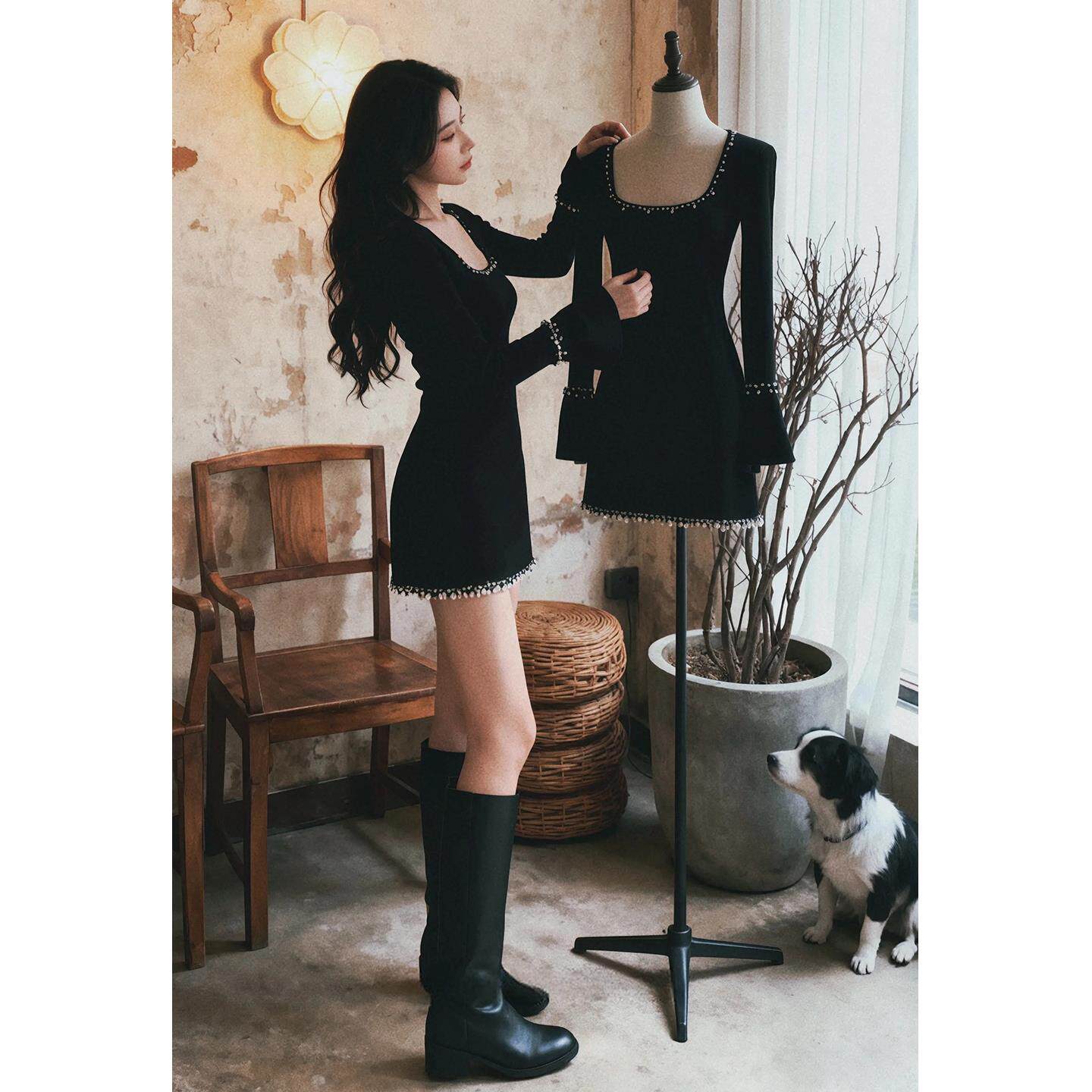 法式赫本风黑色掐腰连衣裙