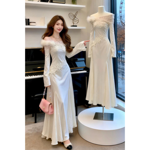 法式 宴会礼服针织长裙子25冬 高级感蕾丝拼接一字肩连衣裙气质修身