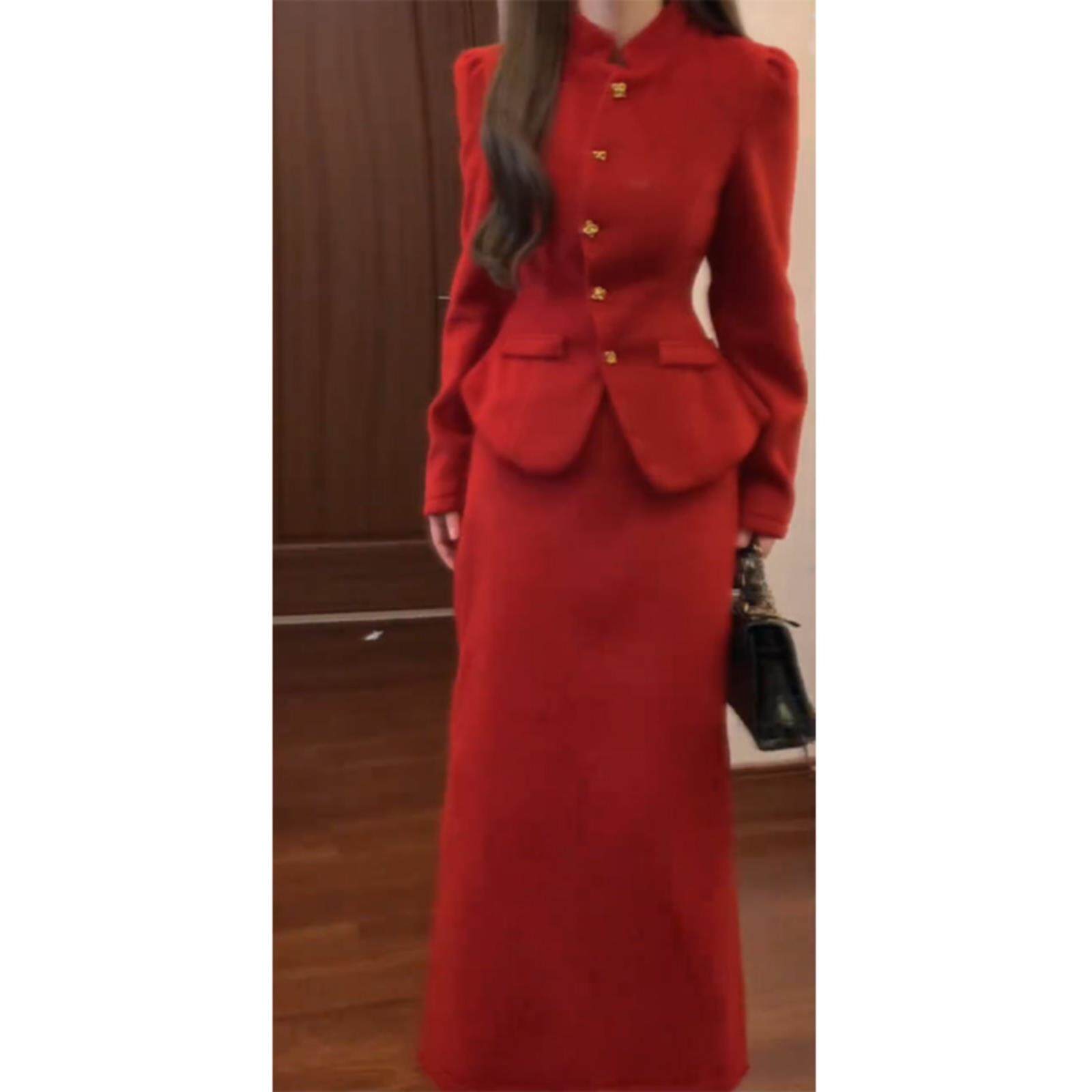 新中式老钱风毛呢连衣裙子秋冬女装红色新年战袍订婚礼裙两件套装,女装/女士精品,时尚套装,淘宝优惠券,粉丝福利购,淘宝优惠卷