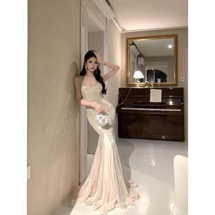 性感人鱼姬高级感细闪亮片吊带连衣裙女网纱生日包臀晚会鱼尾礼服