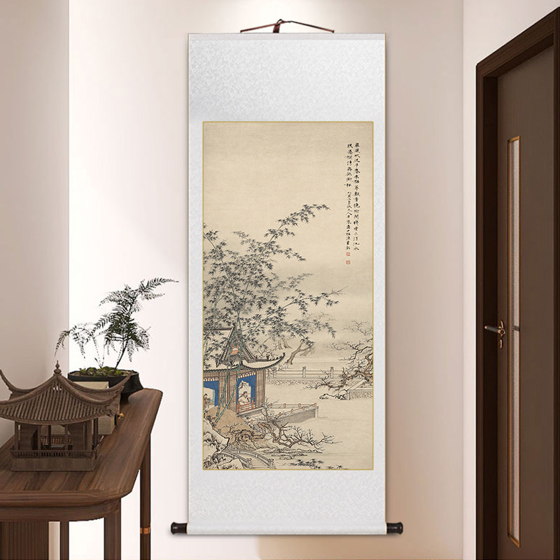 玄关画陈少梅山水画梅萼飘香图新中式客厅装饰画卷轴挂画茶室壁画