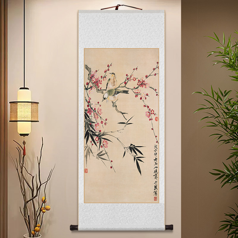 红梅双鸟画花鸟卷轴挂画新中国风客厅装饰画书房茶室入口画山水壁
