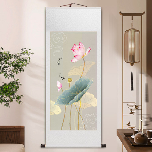 粉色荷花卷轴挂画客厅装饰画