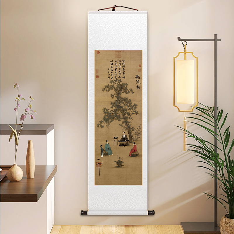 赵佶听琴图玄关画名家桃园仙境图新中式卷轴挂画办公室客厅装饰画图片