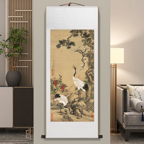 沈佺松梅双鹤图客厅玄关卷轴挂画