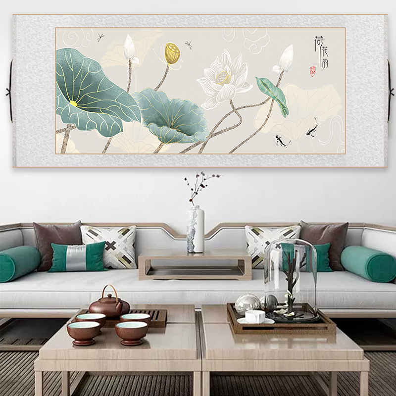 水墨荷花国画卷轴挂画横版客厅装饰画中国风书房茶室壁画床头画图片
