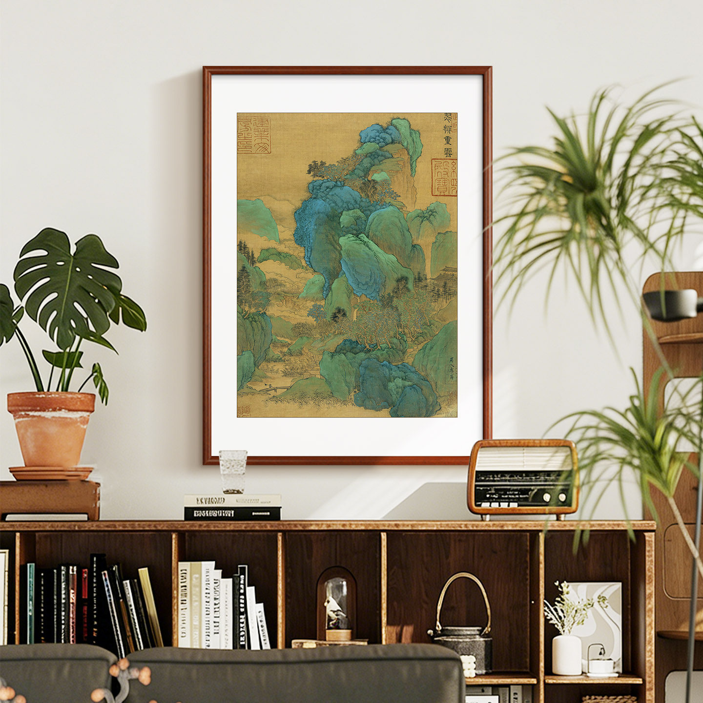 翠岭重云图玄关画新中式客厅装饰画青绿山水挂画书房茶室卧室壁画