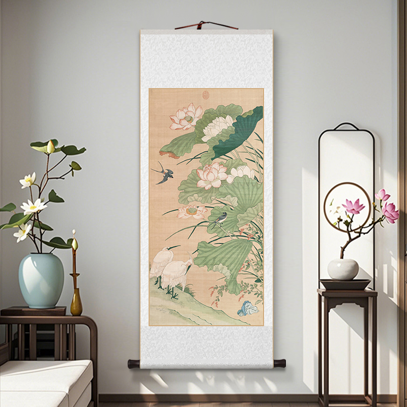 缂丝花鸟装饰画新中式荷花喜鹊吉祥挂画客厅书房茶室玄关卷轴挂画图片