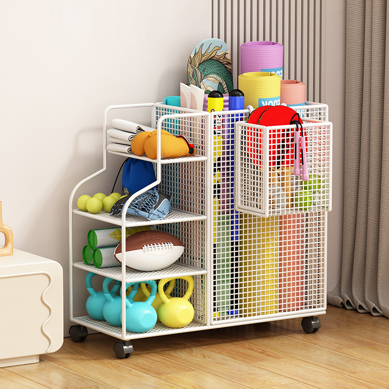 瑜珈垫收纳筐家用健身运动器材收纳层架带轮篮球羽毛球夹缝置物架