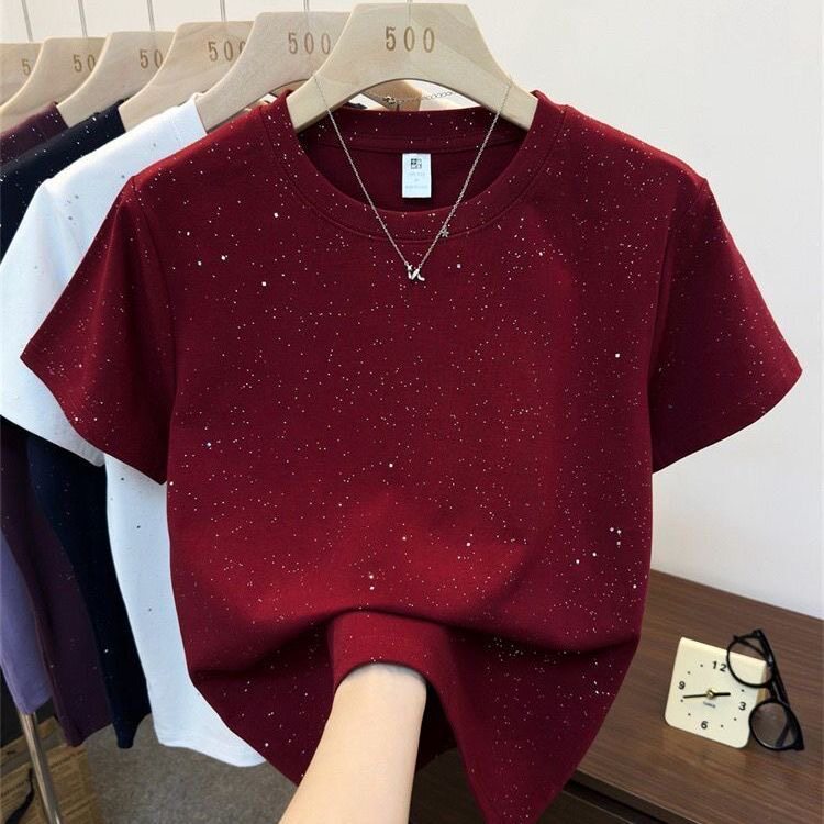 正肩修身紫色短袖T恤女满天星纯色正肩圆领半袖百搭今年流行衣服