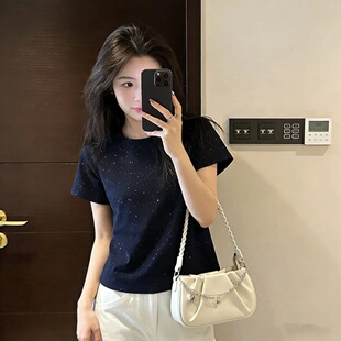 纯棉正肩满天星短袖t恤女夏季新款韩版时尚圆领设计超仙绝美上衣
