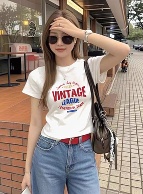 韩版圆领复古风短袖T恤女修身白色字母印花设计感小众2026年上衣