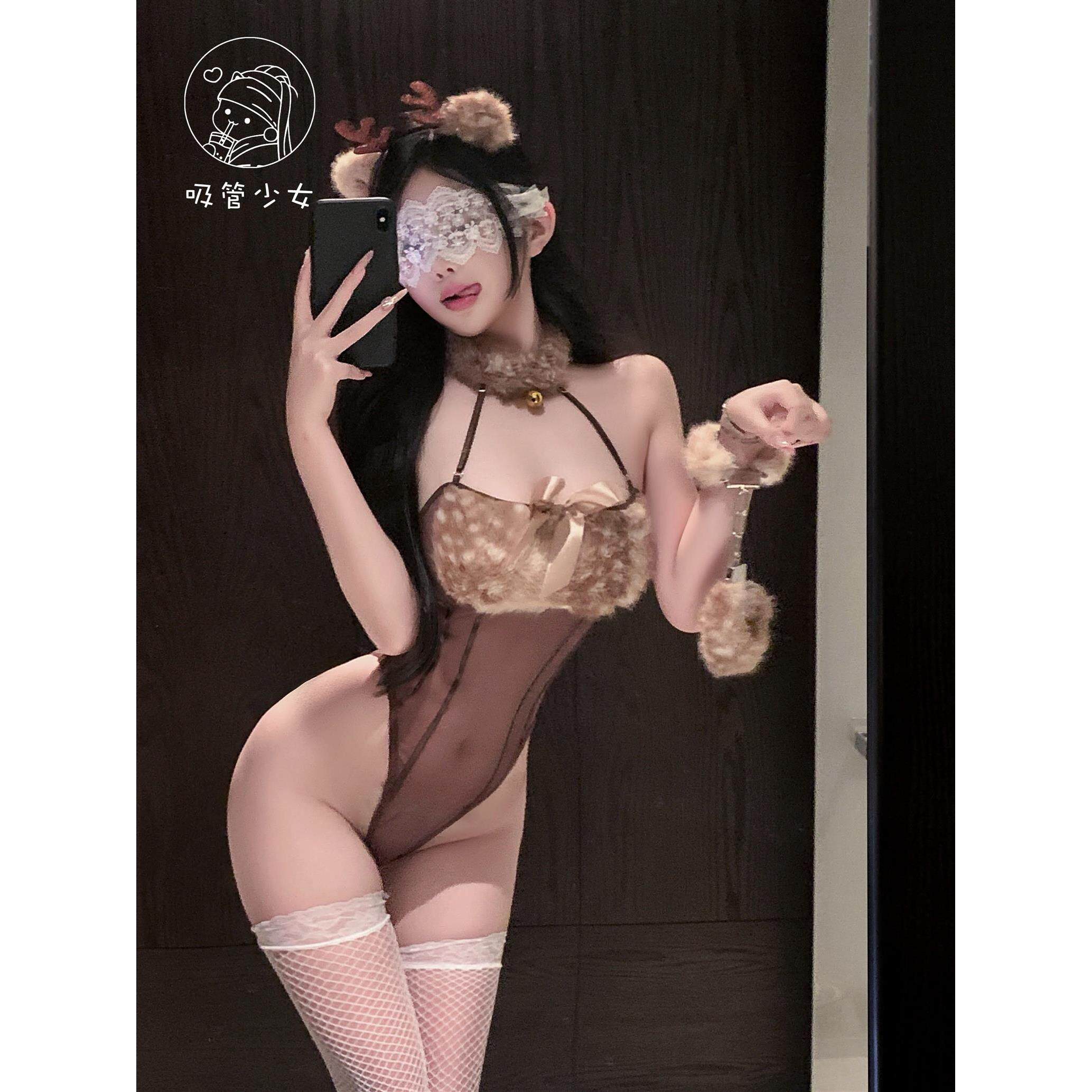 「鹿铃甜梦」纯欲萌妹毛绒女仆连体衣性感豹纹火辣制服qqny套装女