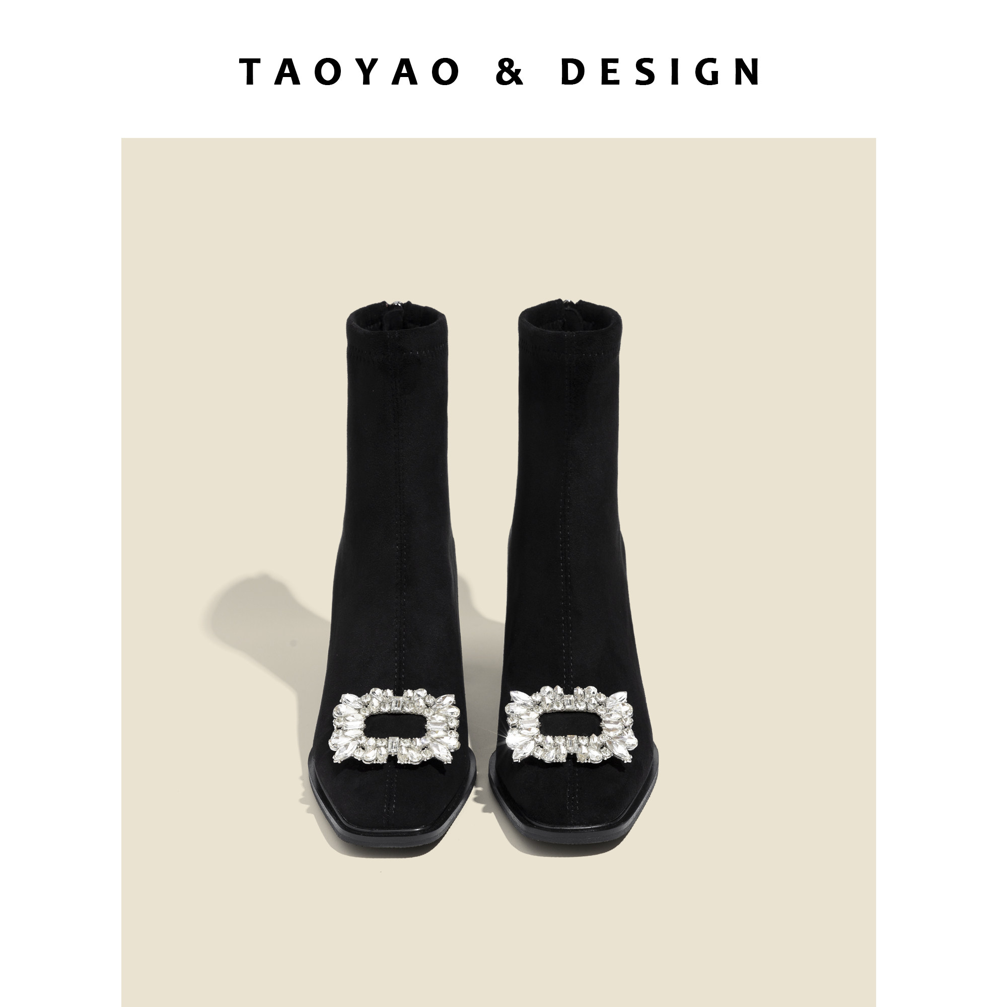 FRENCH RHINESTONE SQUARE BUCKLE ELASTIC SKINNY BOOTS WOMENS 2024 NEW INTERNET CELEBRITY VERSATILE TEMPERAMENT REAR ZIPPER SLEEVE BOOTS