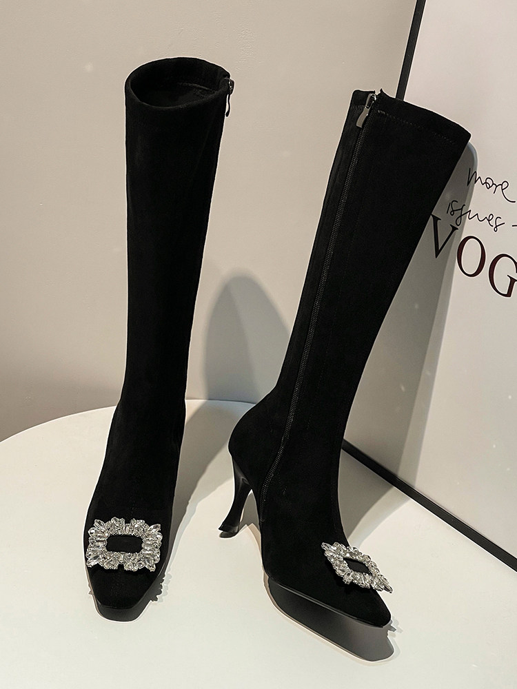 CLEARANCE TAIL GOODS BROKEN CODE BLUE BOOTS WOMENS SQUARE TOE ELASTIC BOOTS HIGH HEELS 2024 WINTER NEW VELVET THIN HEEL SKINNY BOOTS