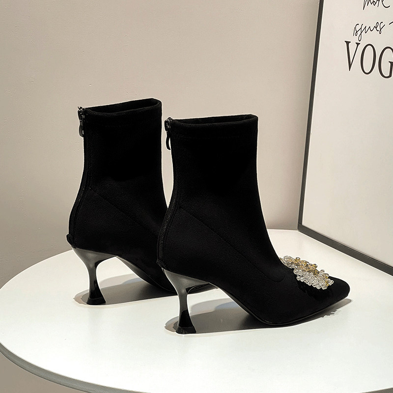 HIGH-QUALITY BOOTIES WOMENS HIGH HEELS SKINNY BOOTS 2024 NEW AUTUMN AND WINTER POINTED-TOE STRETCH BOOTS AND FLEECE KOREAN SOCK BOOTS