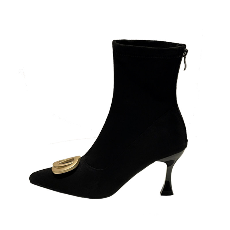 BOOTIE WOMENS FALL|WINTER 2024 NEW HIGH HEEL SUEDE BLACK POINTED TOE STRETCH STOCKINGS BOOTS STILETTO HEEL NET RED SKINNY BOOTS