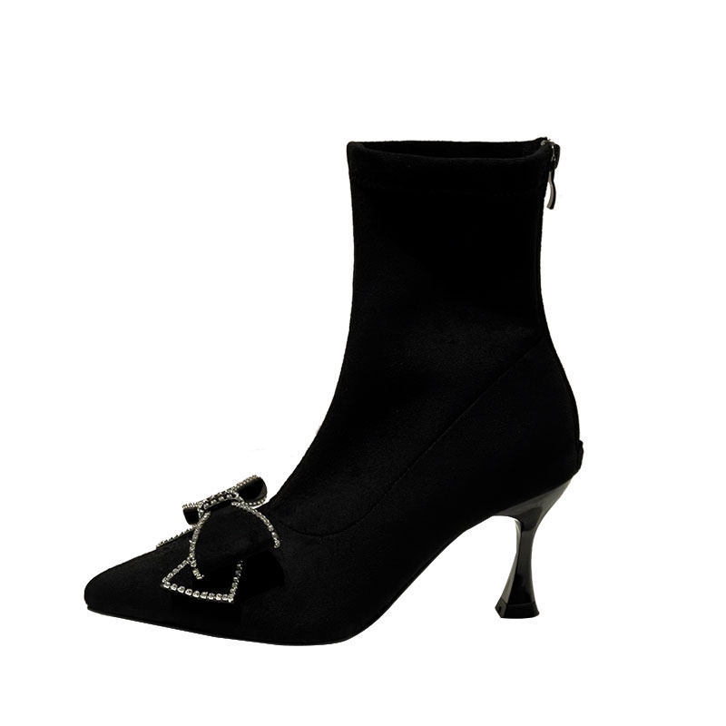 RHINESTONE BOW NET RED SKINNY BOOTS BOOTIES WOMENS BLACK SUEDE POINTED TOE STILETTO STRETCH BOOTS HIGH HEELS FLEECE BOOTS